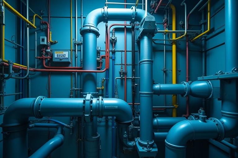 各種専門工事のイメージ、複雑な配管が施された建築現場